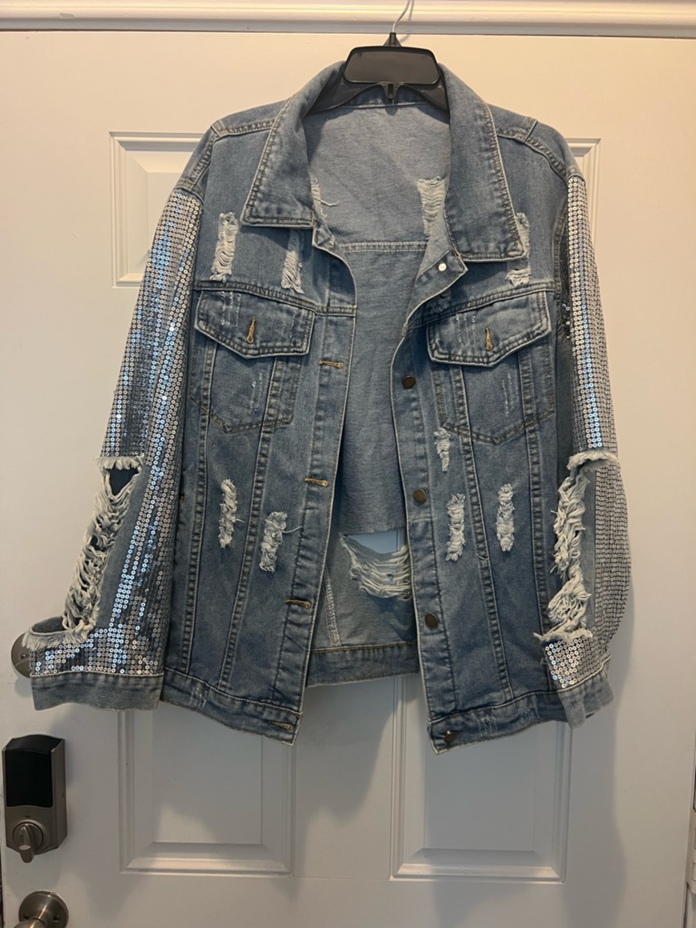 Distressed Light Blue Denim Jacket with Sequin Sleeve Detail